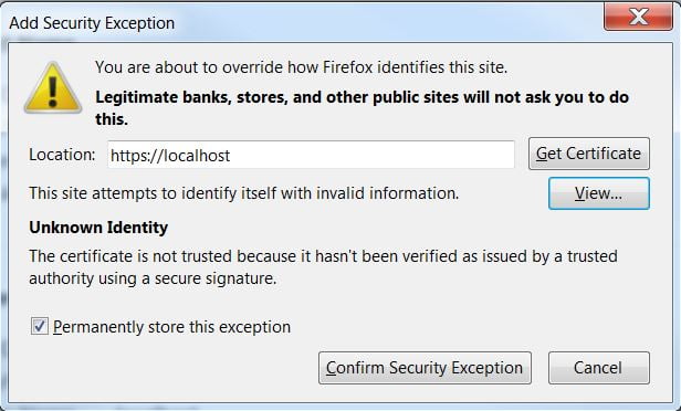 Firefox certificate manager - add exception warning
