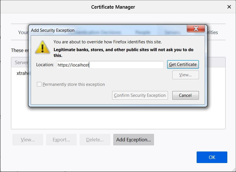 Firefox certificate manager - add exception
